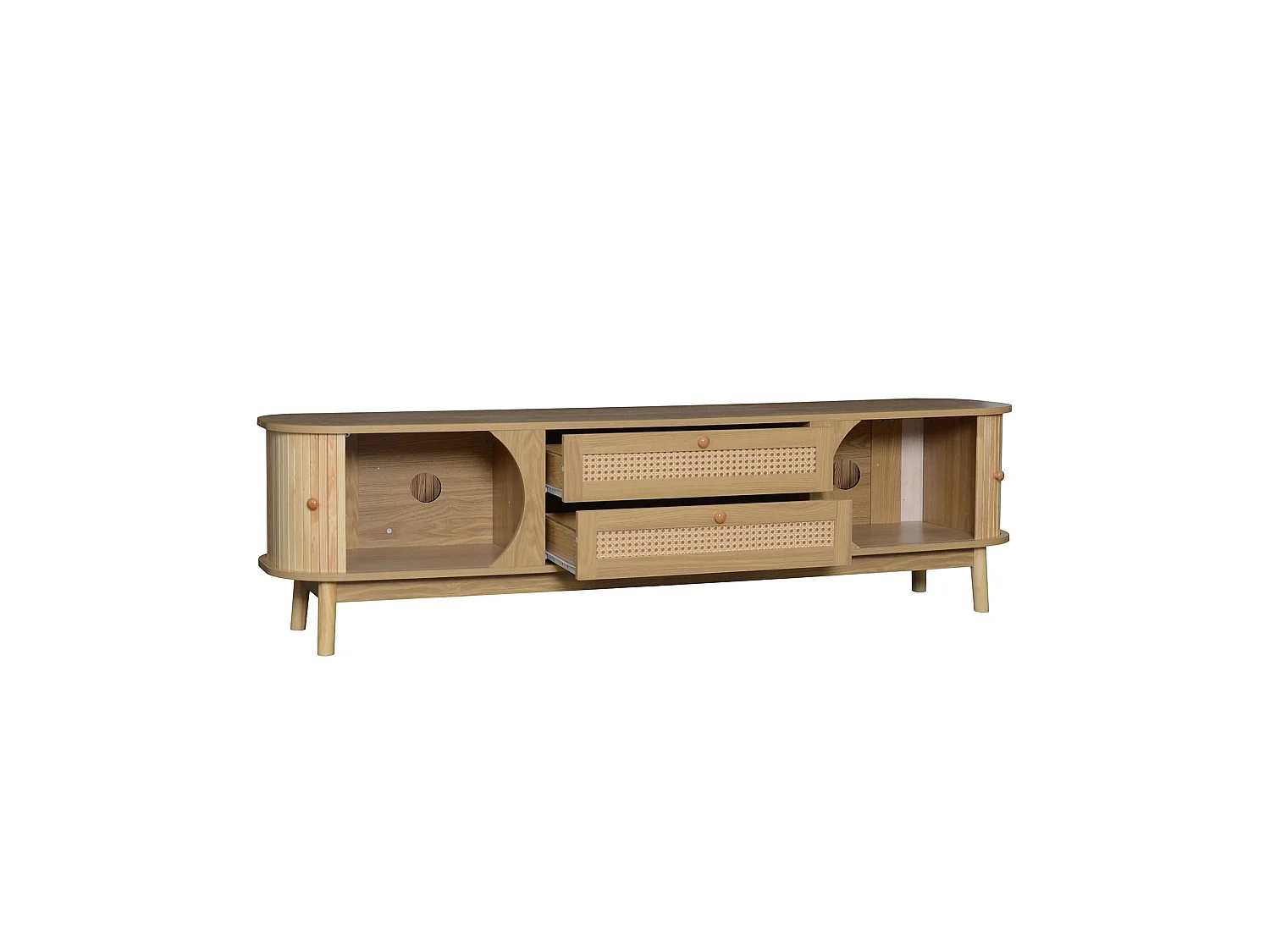 Natuurlijk tv-meubel 170x39,5x46 cm met deuren, rattan laden, schuifdeur en houten poten