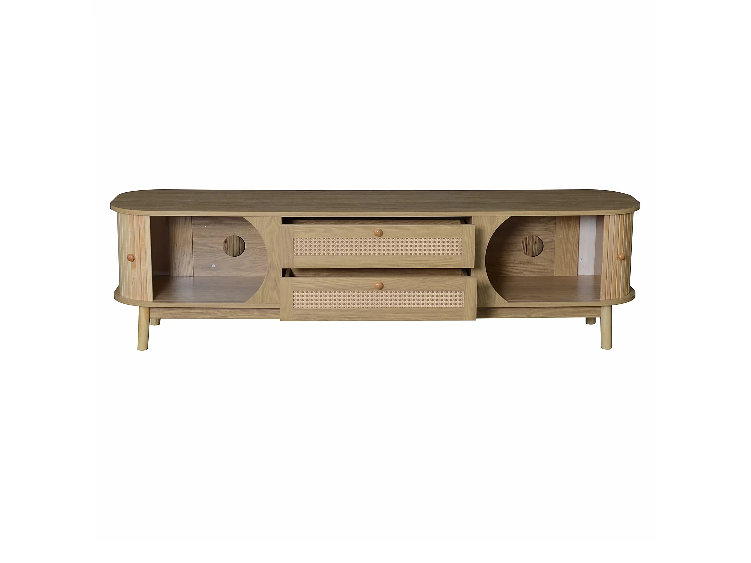 Natuurlijk tv-meubel 170x39,5x46 cm met deuren, rattan laden, schuifdeur en houten poten