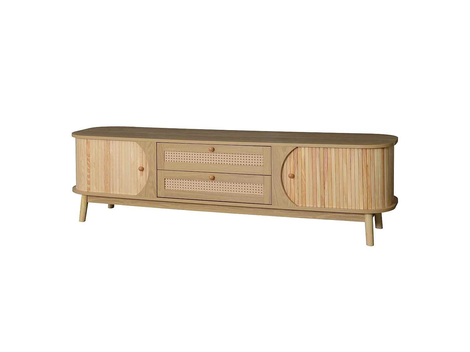 Natuurlijk tv-meubel 170x39,5x46 cm met deuren, rattan laden, schuifdeur en houten poten