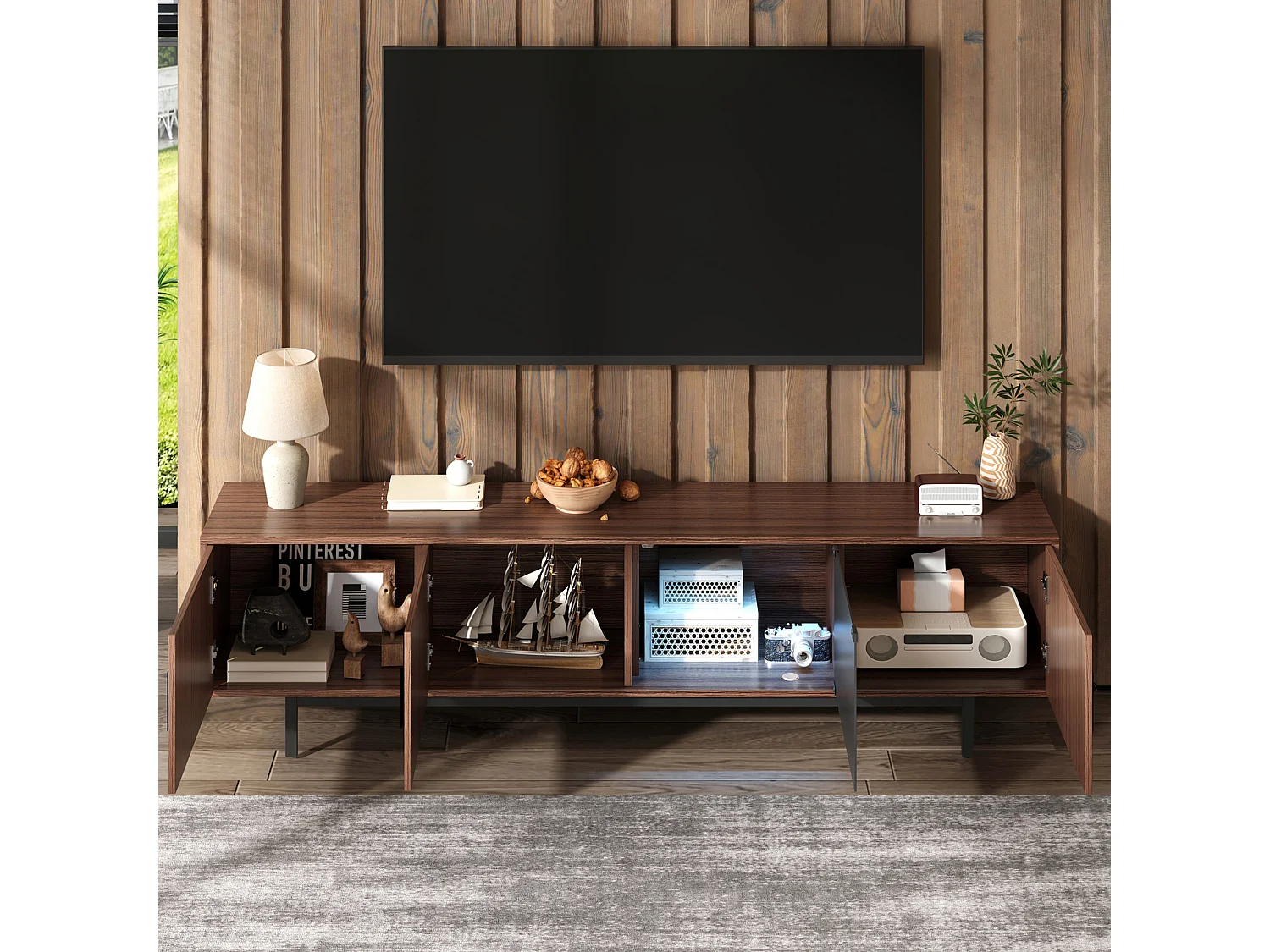 Szafka RTV czarna i orzech 200x35x53 cm z taśmą LED, metalową konstrukcją i geometrycznymi motywami