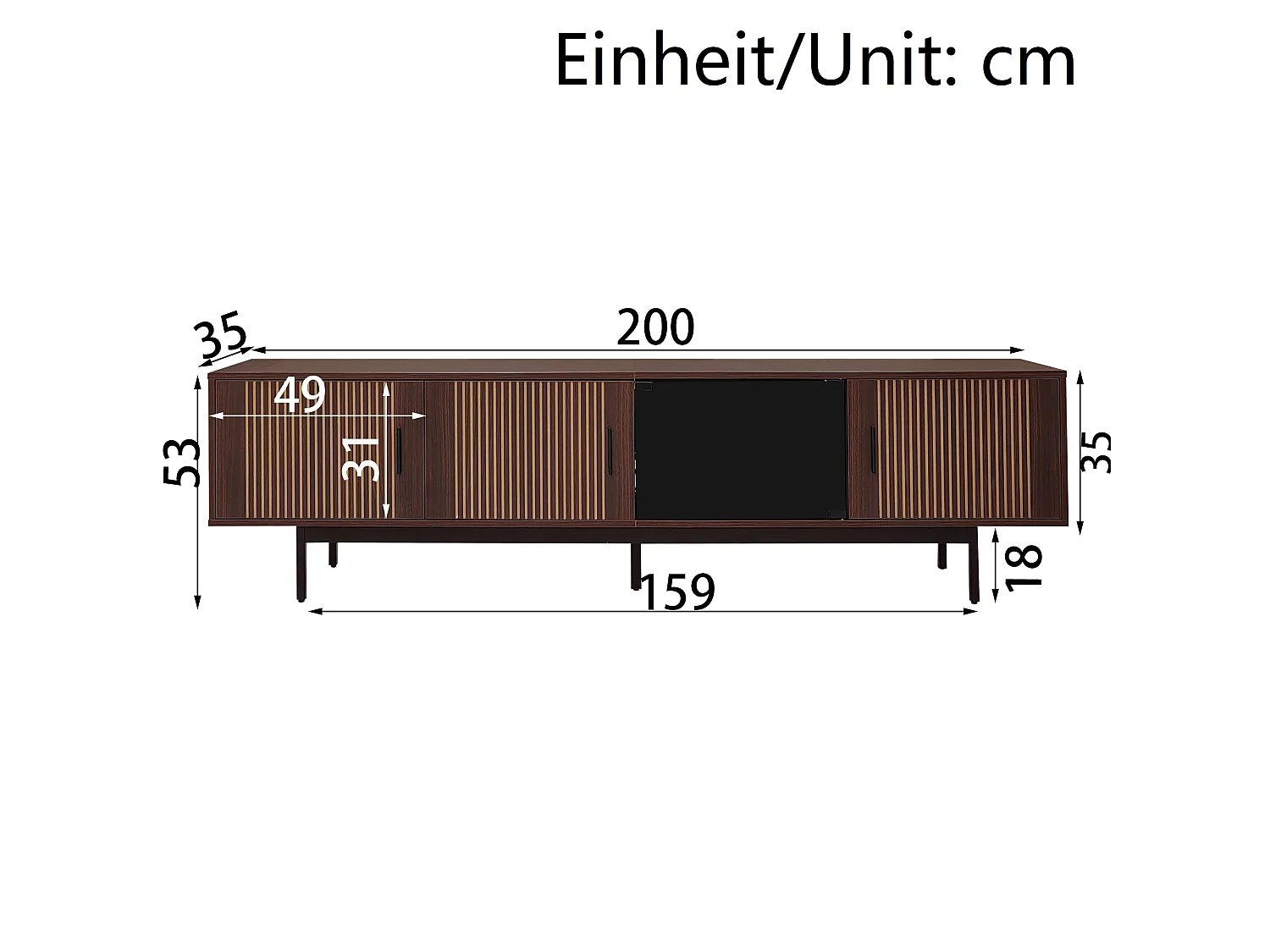 Szafka RTV czarna i orzech 200x35x53 cm z taśmą LED, metalową konstrukcją i geometrycznymi motywami