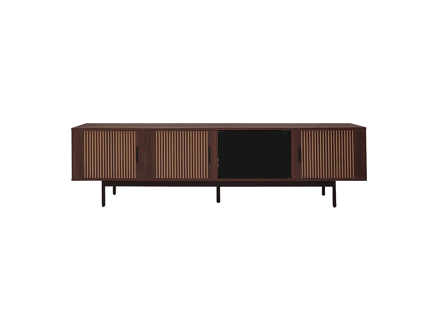 Szafka RTV czarna i orzech 200x35x53 cm z taśmą LED, metalową konstrukcją i geometrycznymi motywami