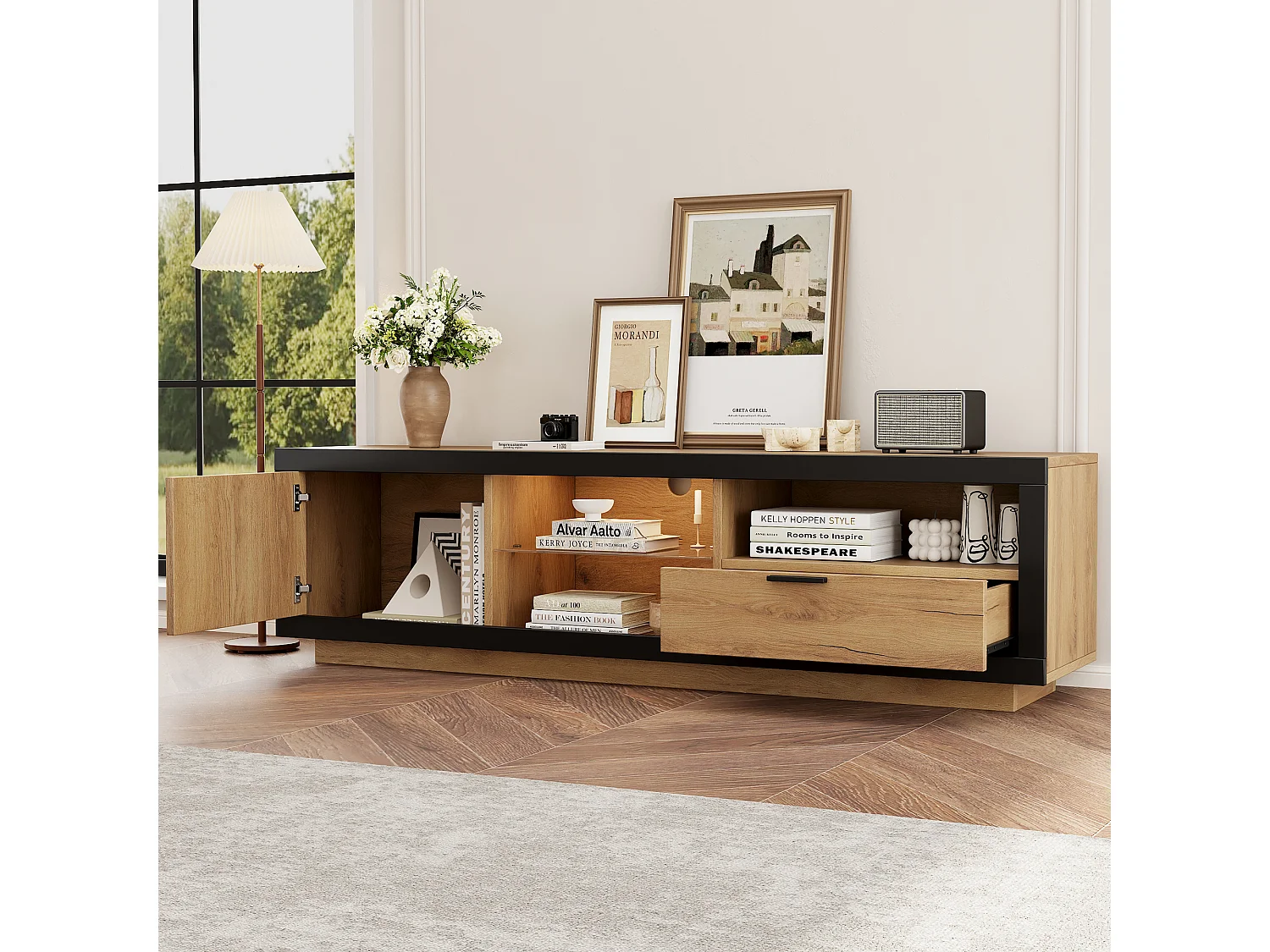 Mobile TV nero e rovere 160x40x50 cm con led, 1 cassetto, 1 armadio e ripiani in vetro