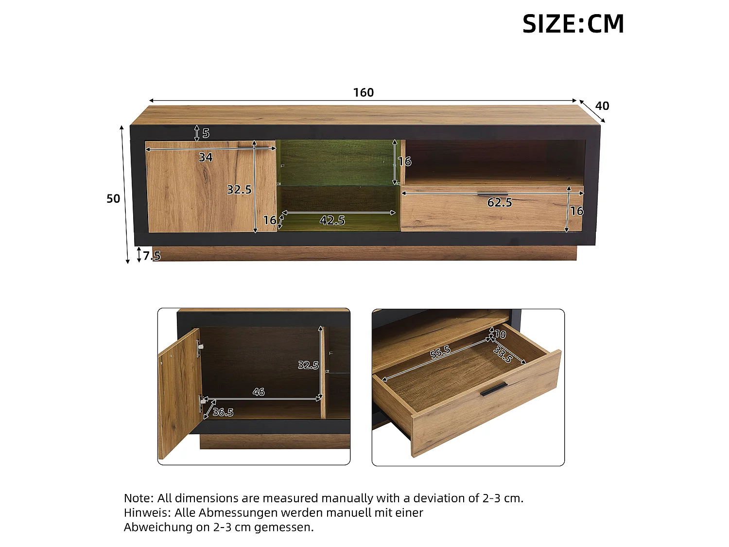 Mobile TV nero e rovere 160x40x50 cm con led, 1 cassetto, 1 armadio e ripiani in vetro