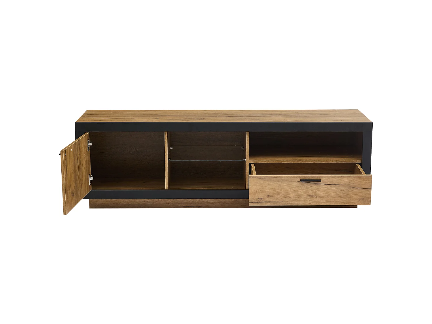 Mobile TV nero e rovere 160x40x50 cm con led, 1 cassetto, 1 armadio e ripiani in vetro