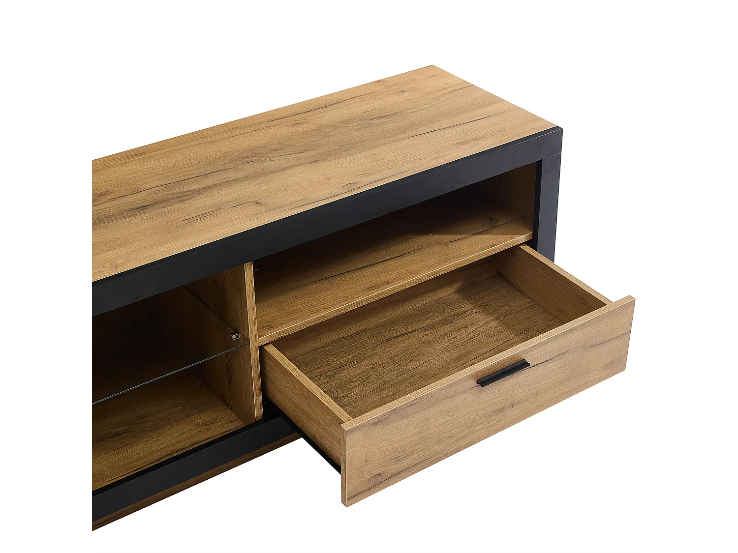 Mobile TV nero e rovere 160x40x50 cm con led, 1 cassetto, 1 armadio e ripiani in vetro