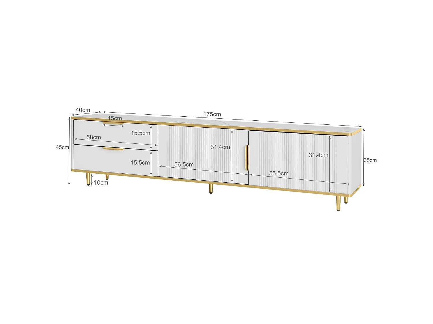 Szafka RTV biało-złota 175x40x45 cm z 2 szufladami i 2 rzeźbionymi drzwiami