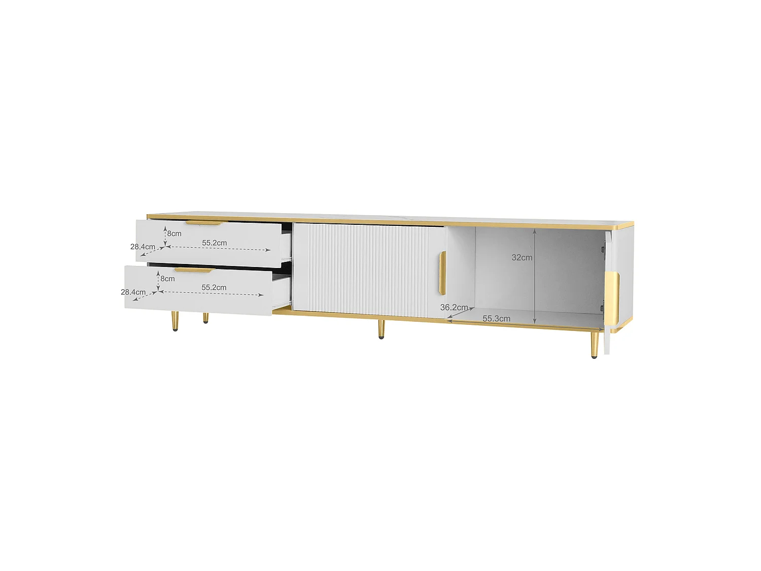 Szafka RTV biało-złota 175x40x45 cm z 2 szufladami i 2 rzeźbionymi drzwiami