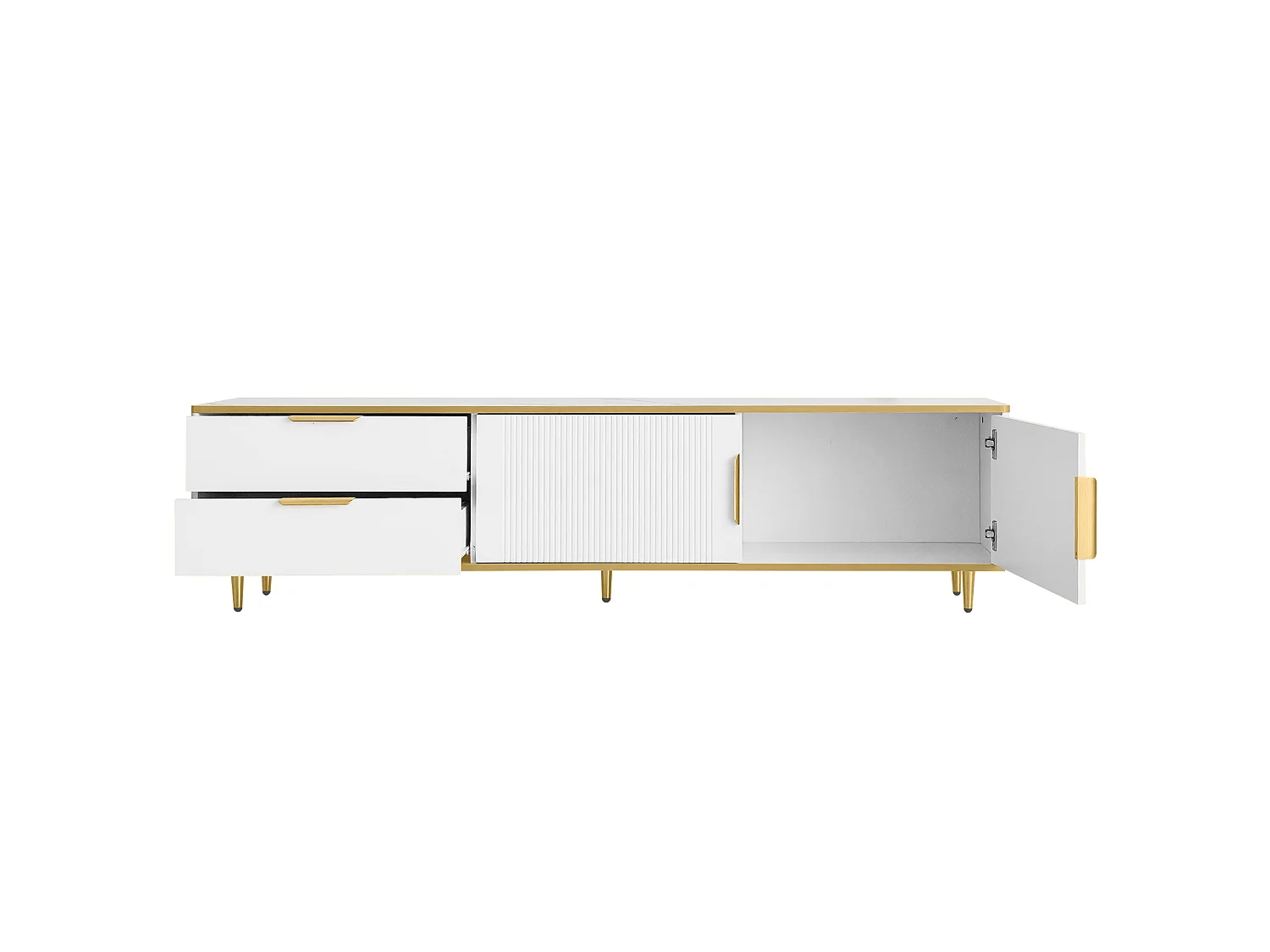 Szafka RTV biało-złota 175x40x45 cm z 2 szufladami i 2 rzeźbionymi drzwiami