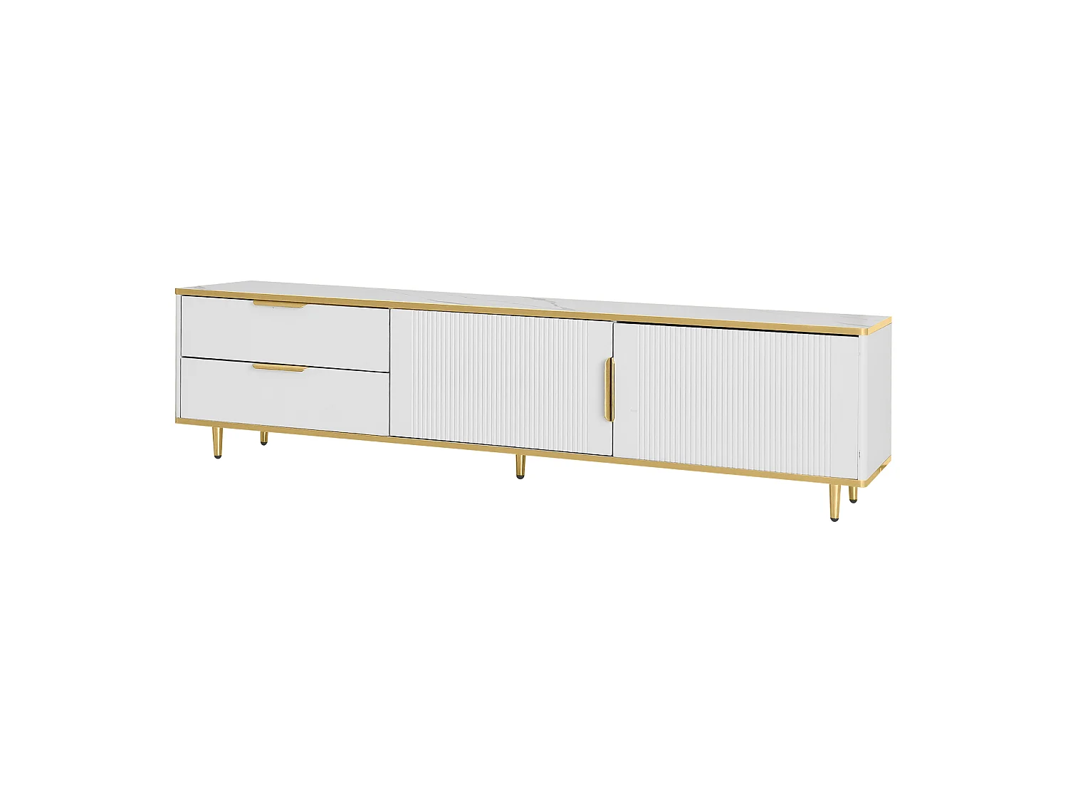 Szafka RTV biało-złota 175x40x45 cm z 2 szufladami i 2 rzeźbionymi drzwiami