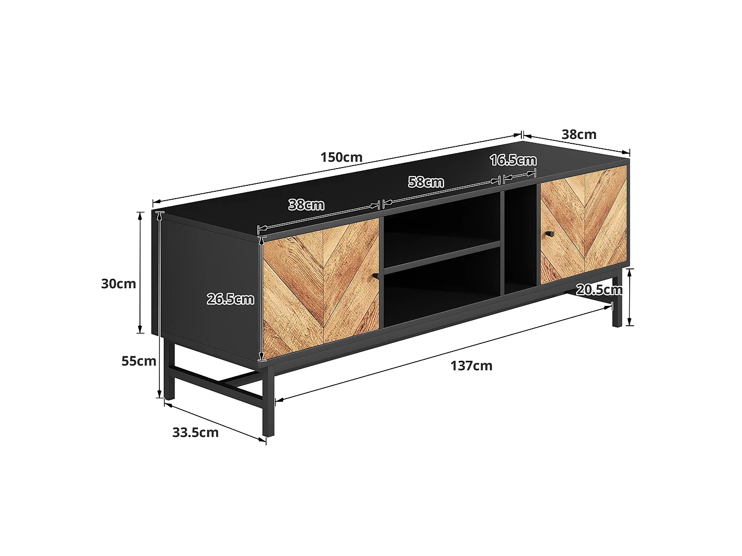 Szafka RTV czarna i drewno 150x38x55 cm z 2 drzwiami, 2 poziomymi wnękami, 1 pionową wnęką