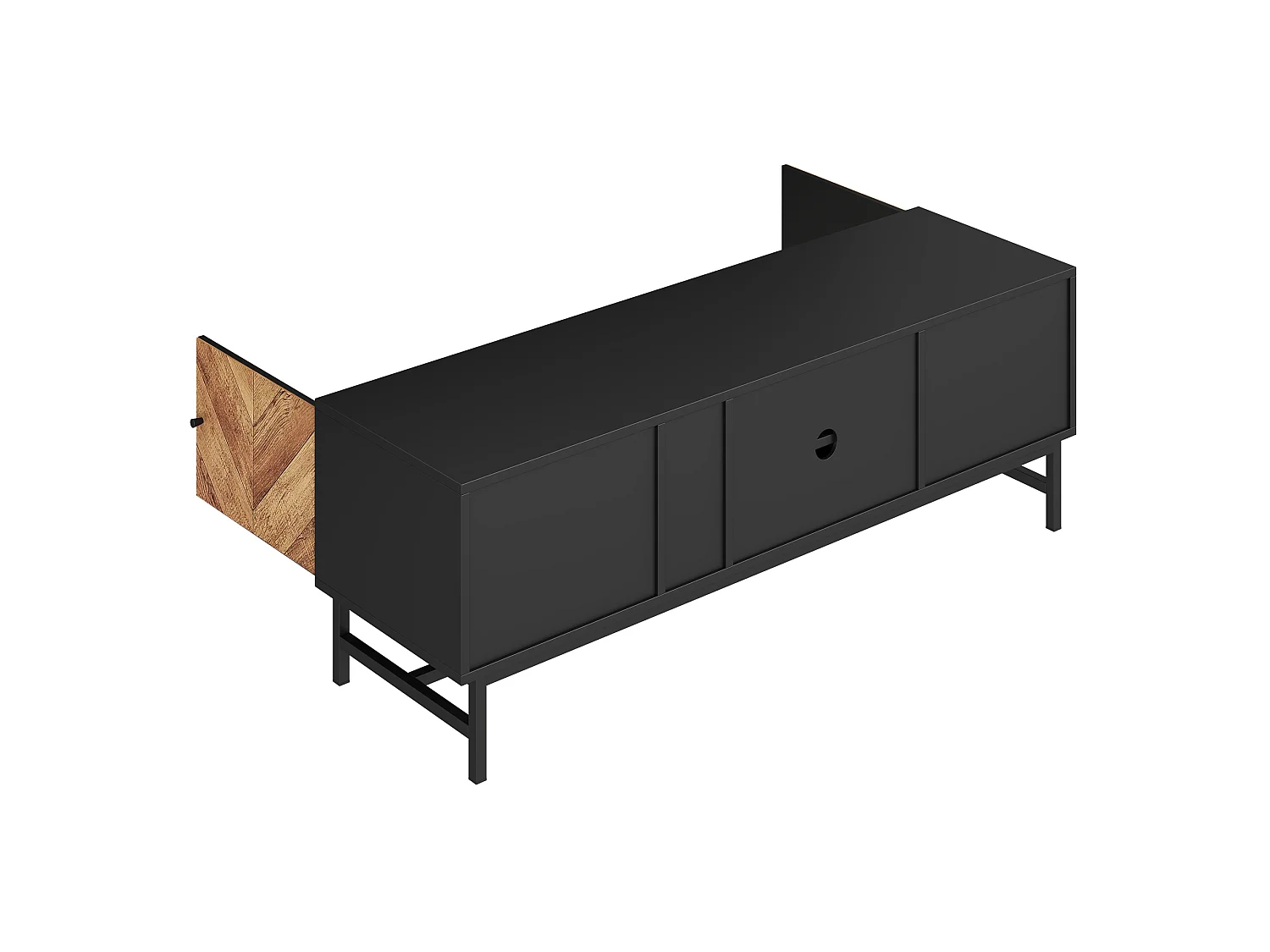 Szafka RTV czarna i drewno 150x38x55 cm z 2 drzwiami, 2 poziomymi wnękami, 1 pionową wnęką