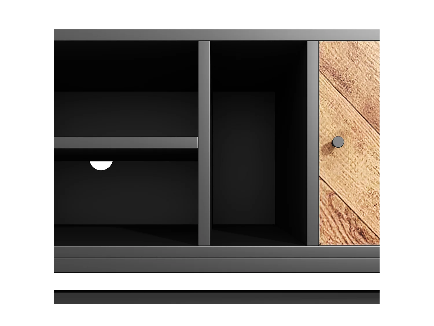 Szafka RTV czarna i drewno 150x38x55 cm z 2 drzwiami, 2 poziomymi wnękami, 1 pionową wnęką