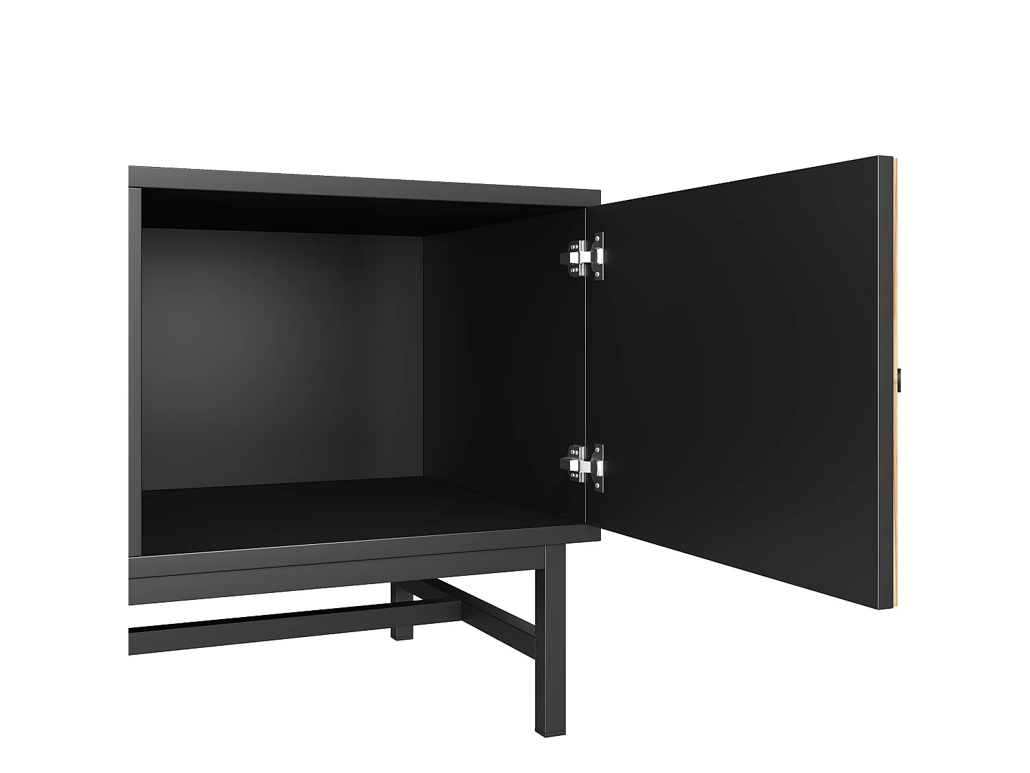 Szafka RTV czarna i drewno 150x38x55 cm z 2 drzwiami, 2 poziomymi wnękami, 1 pionową wnęką