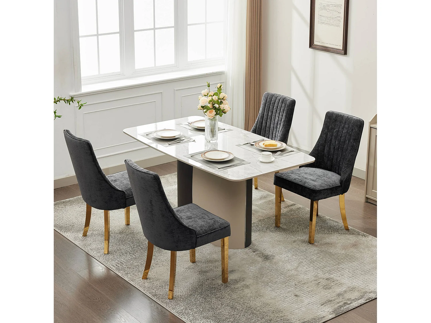 Lot de 2 chaises de salle à manger rembourrées en chenille avec dossier haut et pieds plaqués acier doré, noir