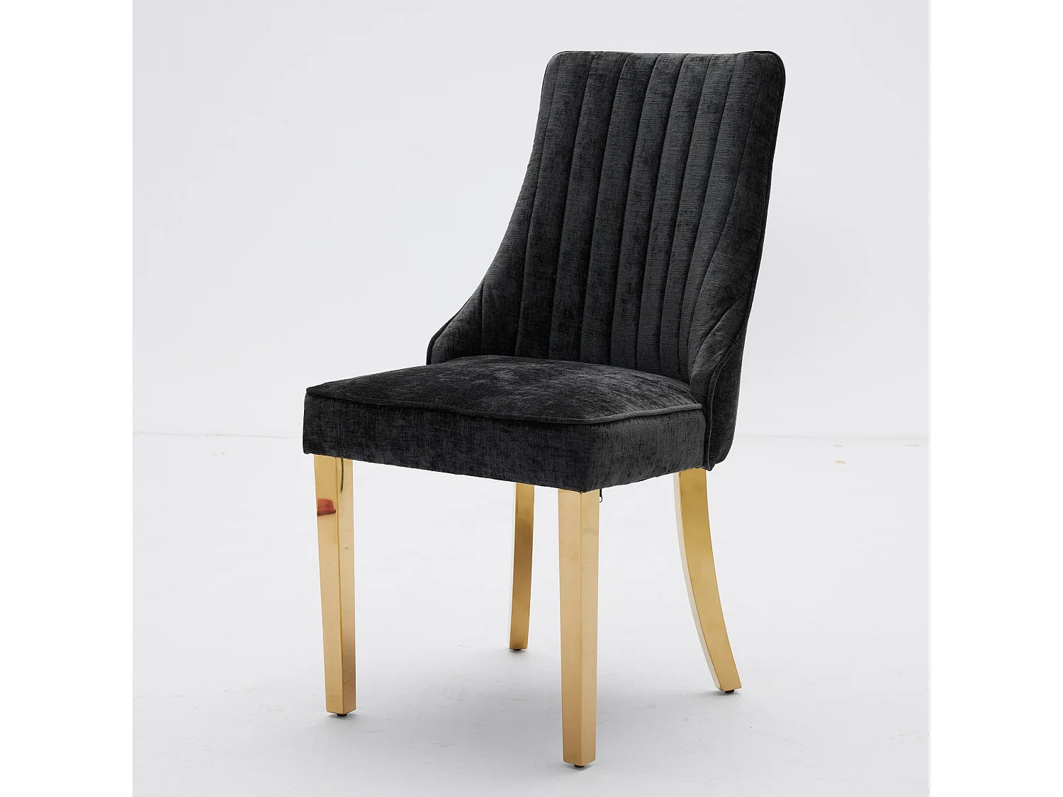 Lot de 2 chaises de salle à manger rembourrées en chenille avec dossier haut et pieds plaqués acier doré, noir