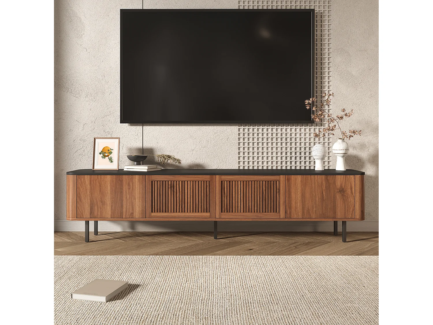 Szafka RTV czarny i orzech 190x35x45 cm z kratkowanymi drzwiami, schowkami i żelaznymi nogami