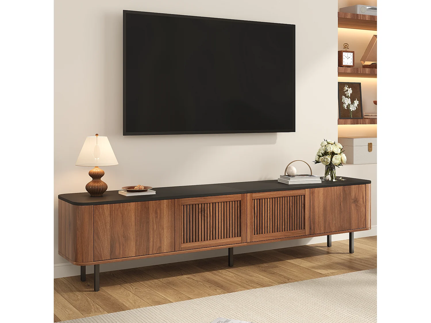 Szafka RTV czarny i orzech 190x35x45 cm z kratkowanymi drzwiami, schowkami i żelaznymi nogami