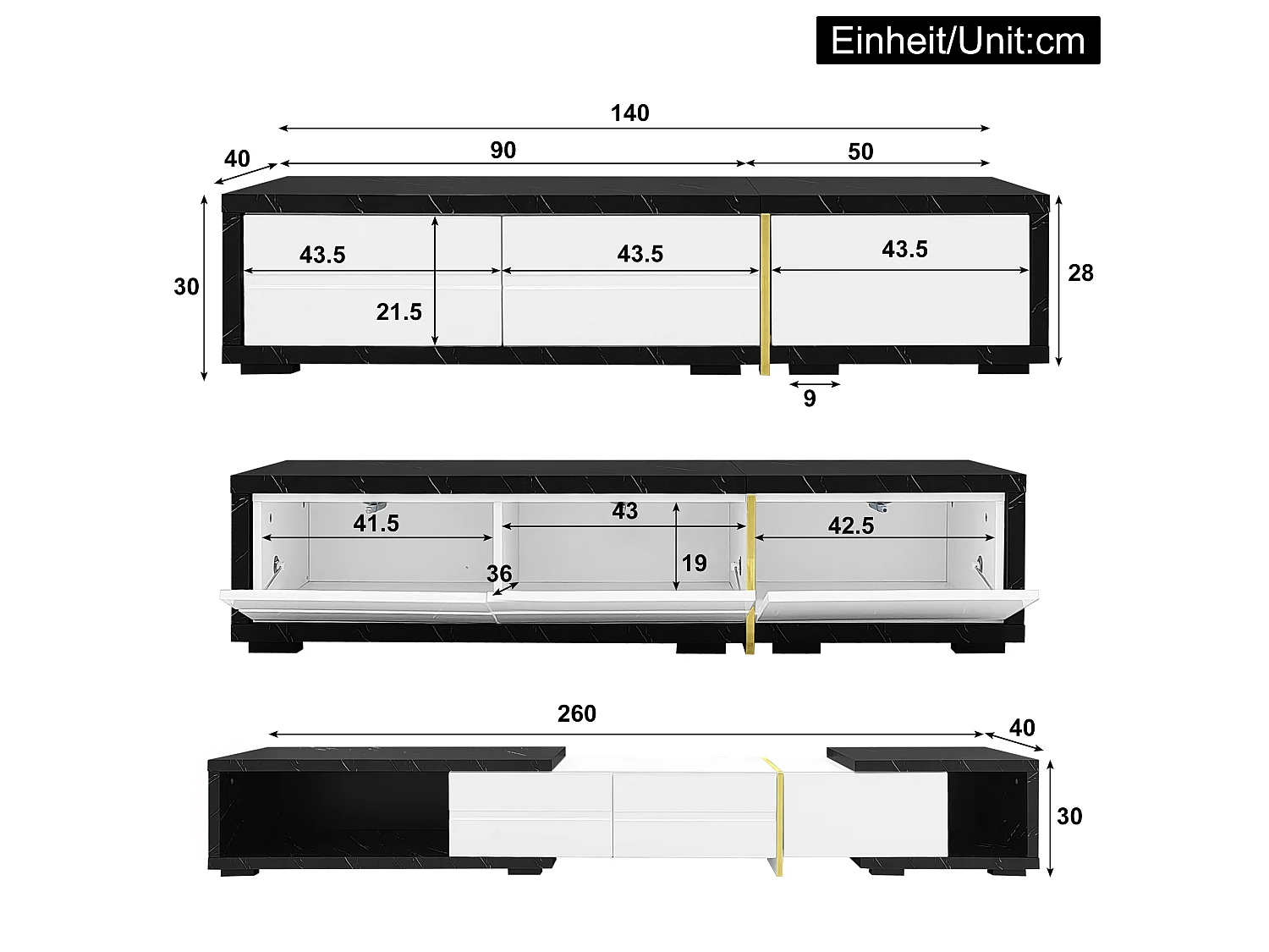 Szafka RTV biała i czarna efekt marmur 140-260x40x30 cm obrotowa i rozsuwana, duży schowek