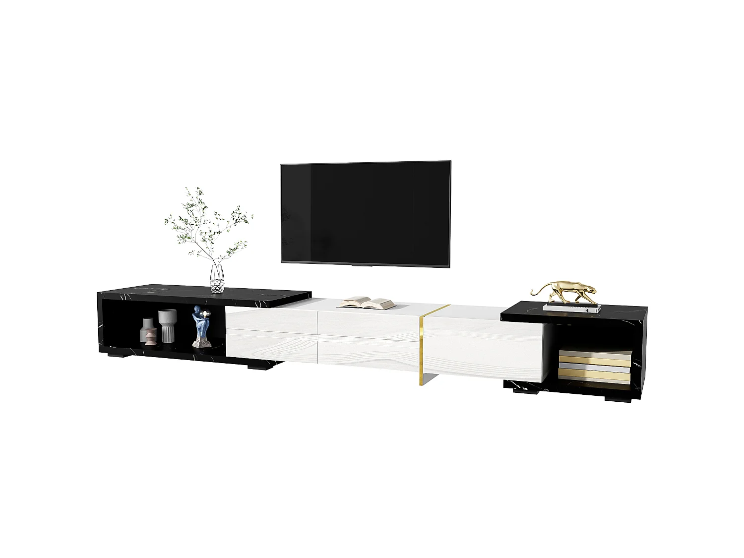 Szafka RTV biała i czarna efekt marmur 140-260x40x30 cm obrotowa i rozsuwana, duży schowek
