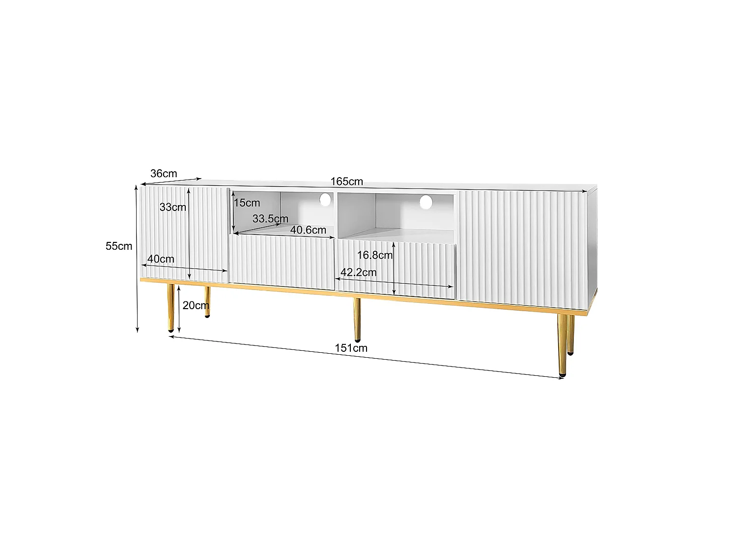 Szafka RTV biała 165x36x55 cm z 2 wnękami, 2 szufladami i złotymi nogami
