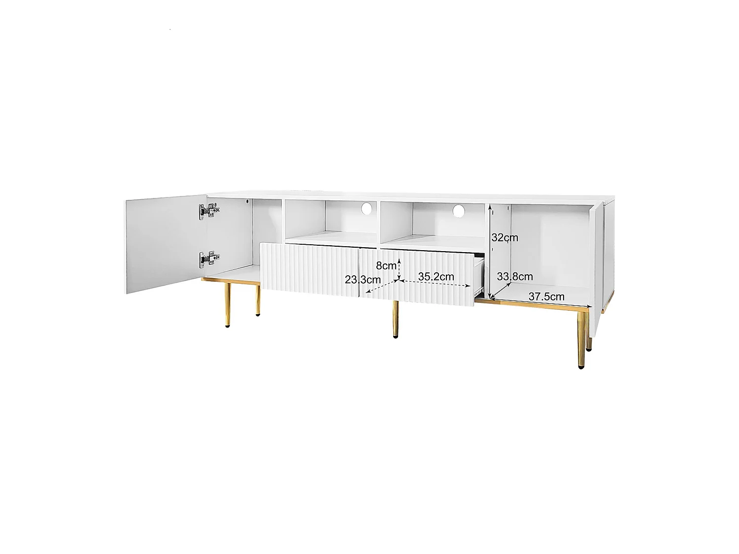 Szafka RTV biała 165x36x55 cm z 2 wnękami, 2 szufladami i złotymi nogami