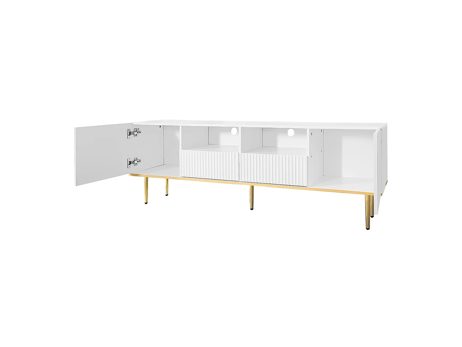 Szafka RTV biała 165x36x55 cm z 2 wnękami, 2 szufladami i złotymi nogami