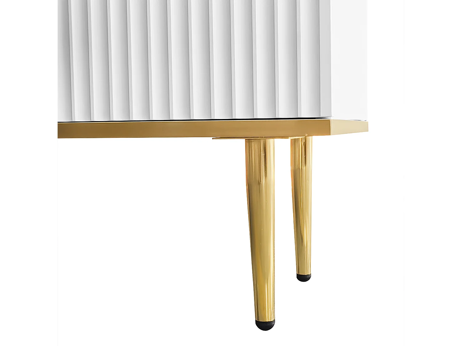 Szafka RTV biała 165x36x55 cm z 2 wnękami, 2 szufladami i złotymi nogami
