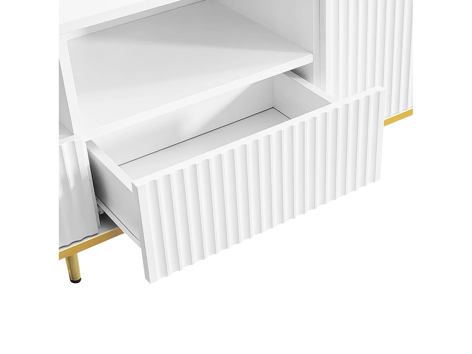 Szafka RTV biała 165x36x55 cm z 2 wnękami, 2 szufladami i złotymi nogami