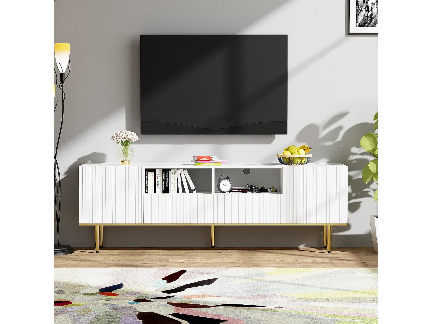 Szafka RTV biała 165x36x55 cm z 2 wnękami, 2 szufladami i złotymi nogami
