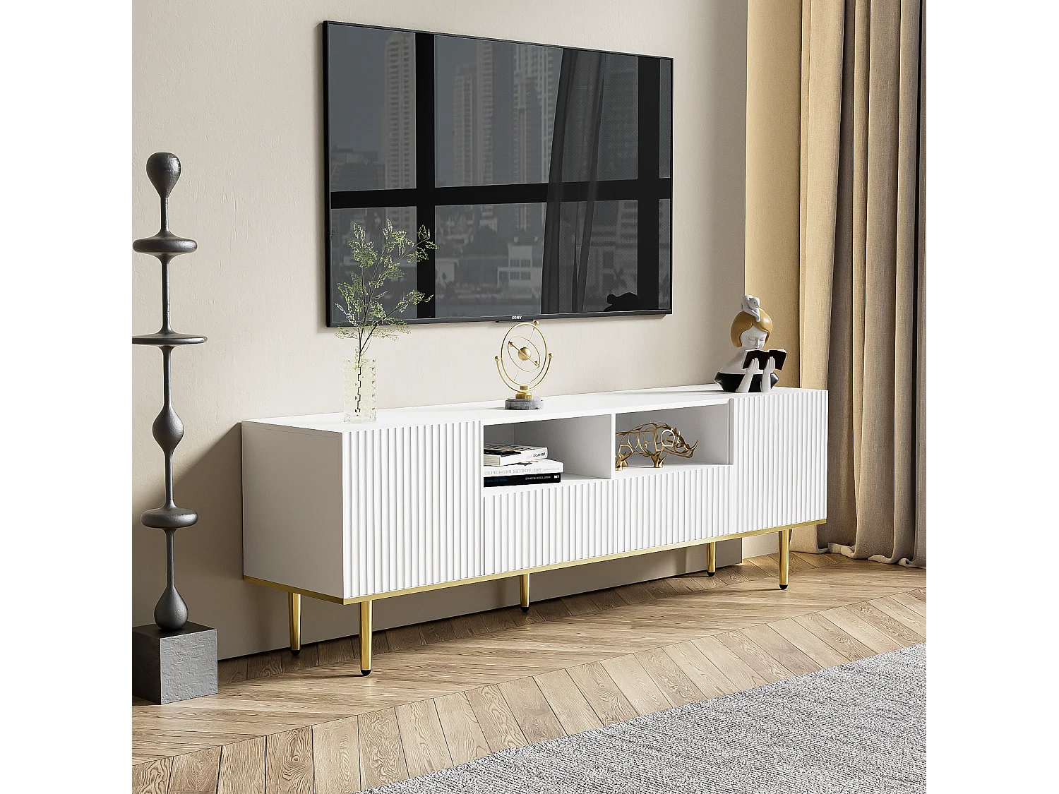 Szafka RTV biała 165x36x55 cm z 2 wnękami, 2 szufladami i złotymi nogami