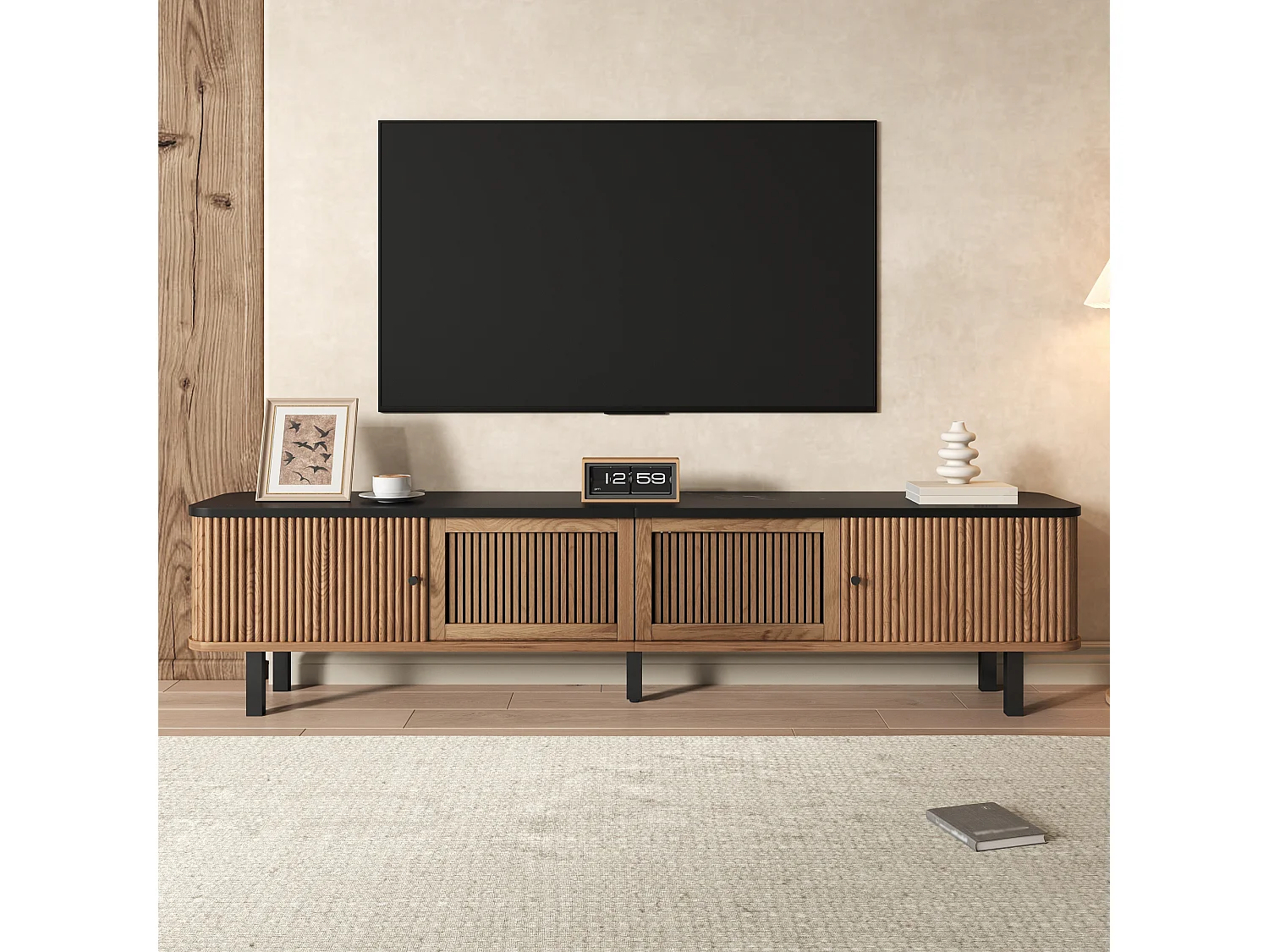 Szafka RTV dąb 190x35x45 cm z 2 drzwiami przesuwnymi, kratkowanym designem i czarnymi żelaznymi uchwytami