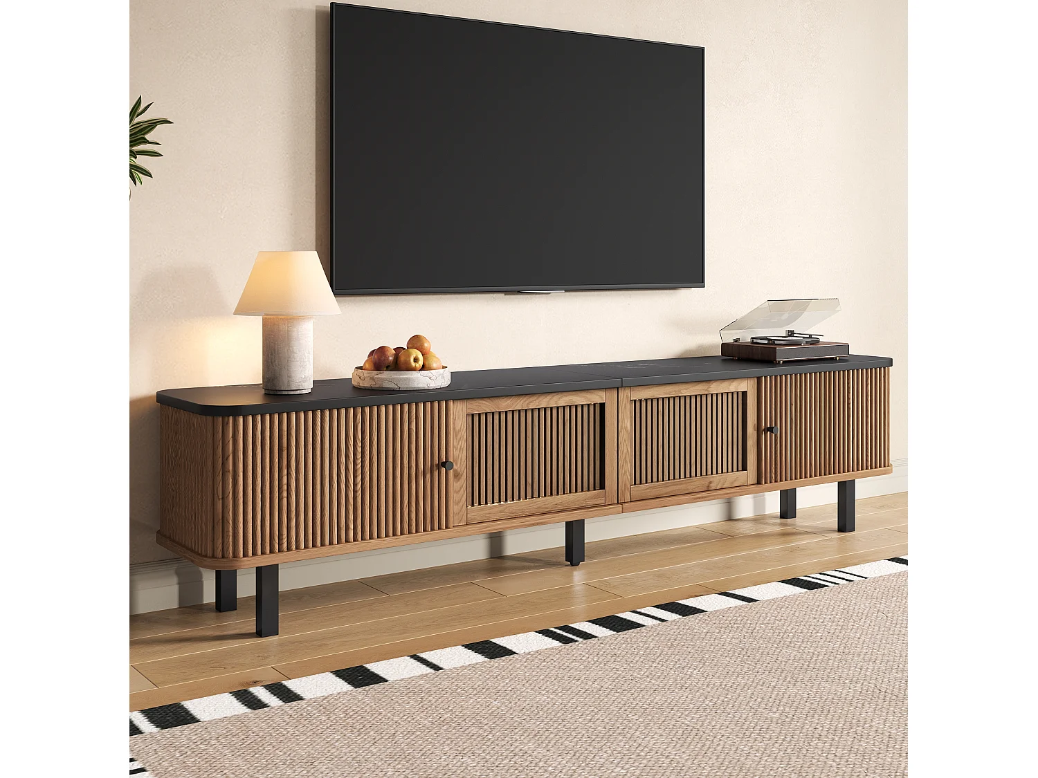 Szafka RTV dąb 190x35x45 cm z 2 drzwiami przesuwnymi, kratkowanym designem i czarnymi żelaznymi uchwytami