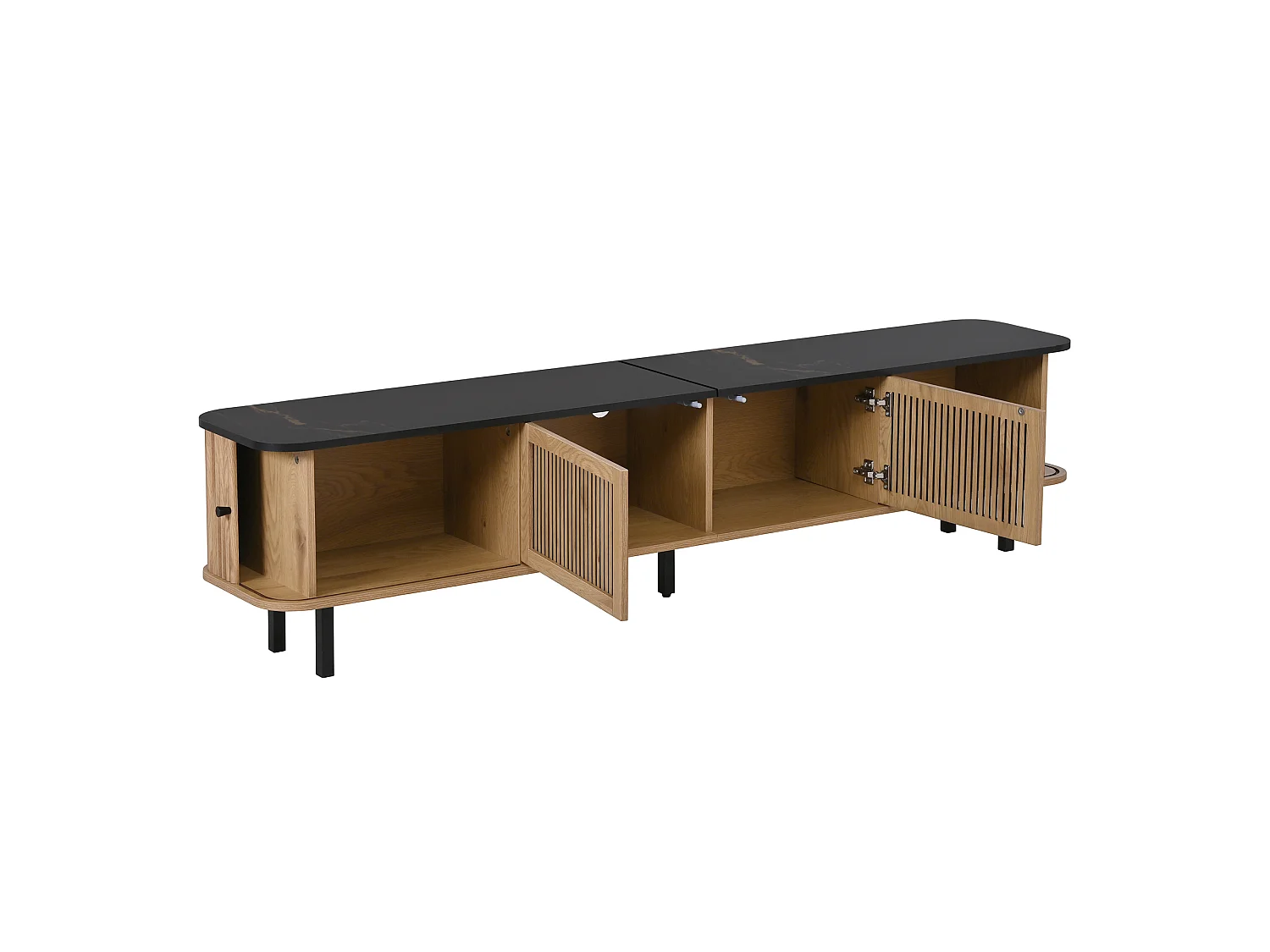 Szafka RTV dąb 190x35x45 cm z 2 drzwiami przesuwnymi, kratkowanym designem i czarnymi żelaznymi uchwytami