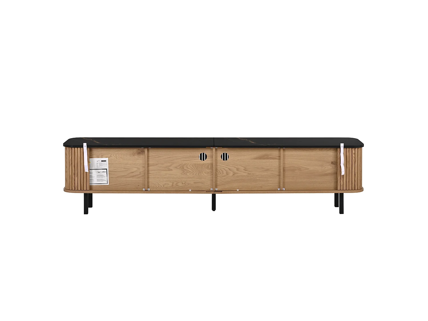 Szafka RTV dąb 190x35x45 cm z 2 drzwiami przesuwnymi, kratkowanym designem i czarnymi żelaznymi uchwytami
