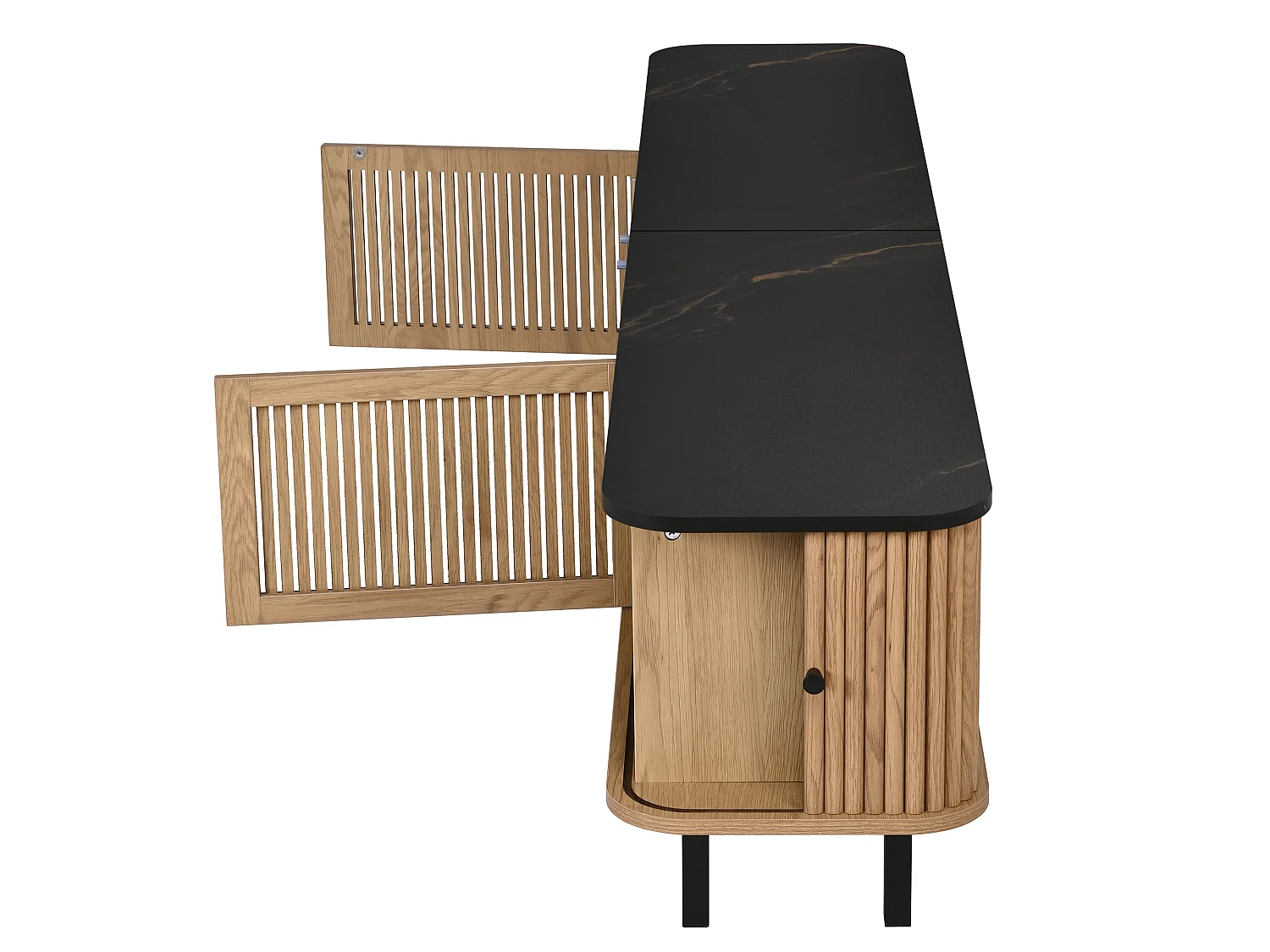 Szafka RTV dąb 190x35x45 cm z 2 drzwiami przesuwnymi, kratkowanym designem i czarnymi żelaznymi uchwytami