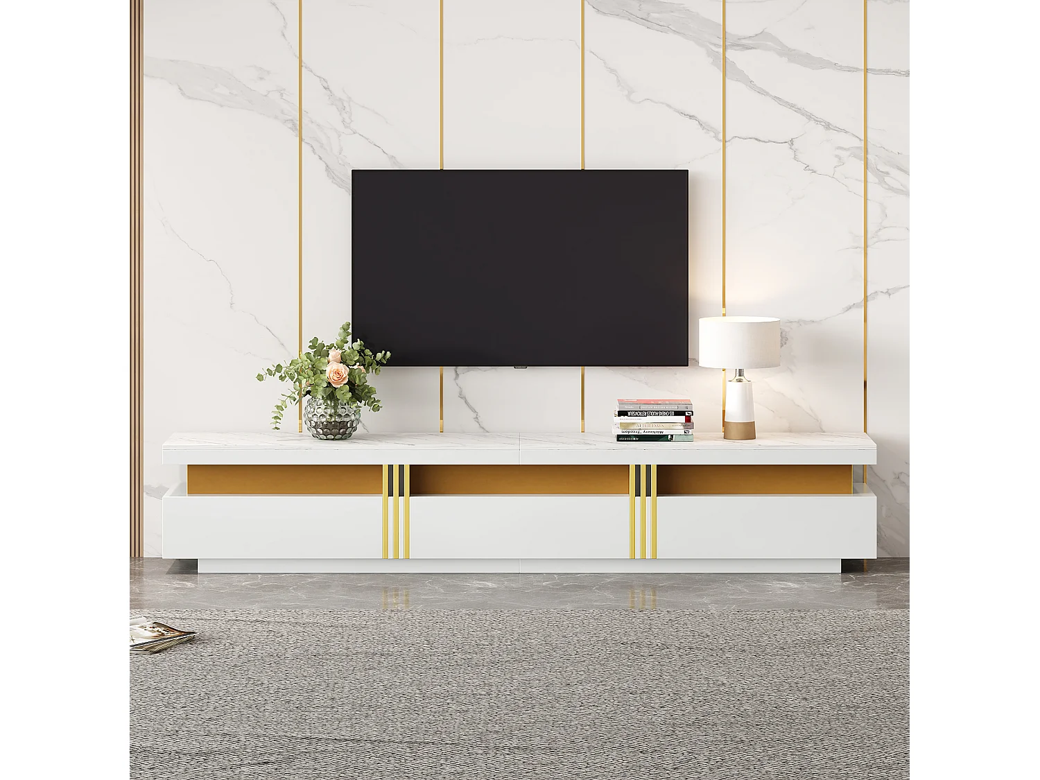 Szafka RTV biała 200x40x42 cm z blatem imitującym marmur, 3 szufladami i przepustem, max obciążenie 30 kg