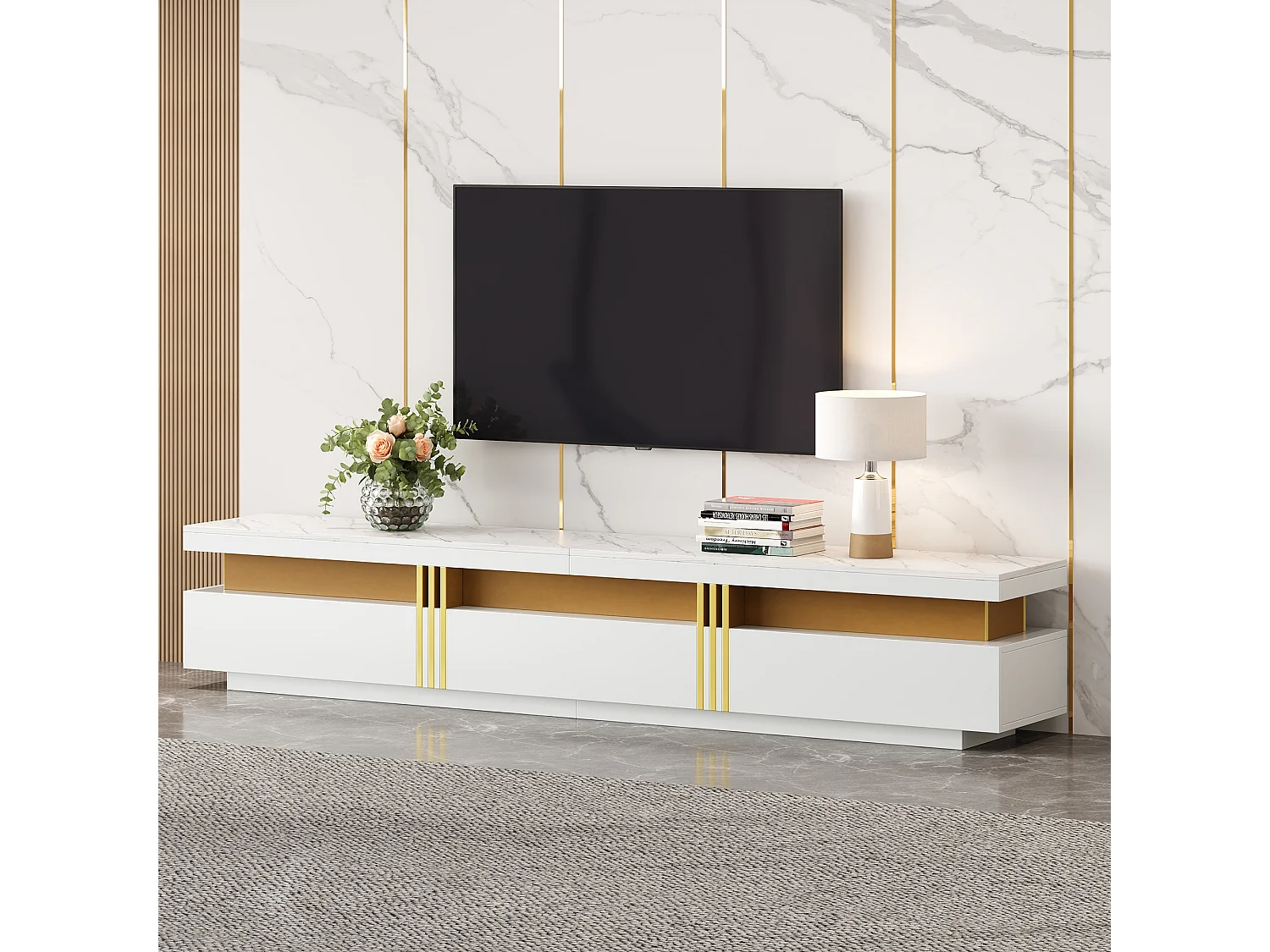 Szafka RTV biała 200x40x42 cm z blatem imitującym marmur, 3 szufladami i przepustem, max obciążenie 30 kg