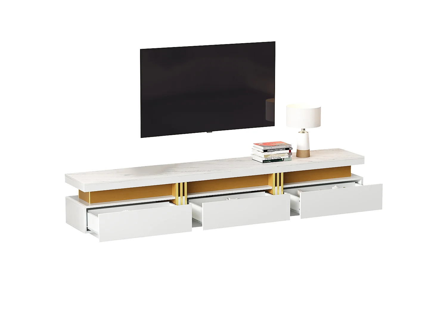 Szafka RTV biała 200x40x42 cm z blatem imitującym marmur, 3 szufladami i przepustem, max obciążenie 30 kg