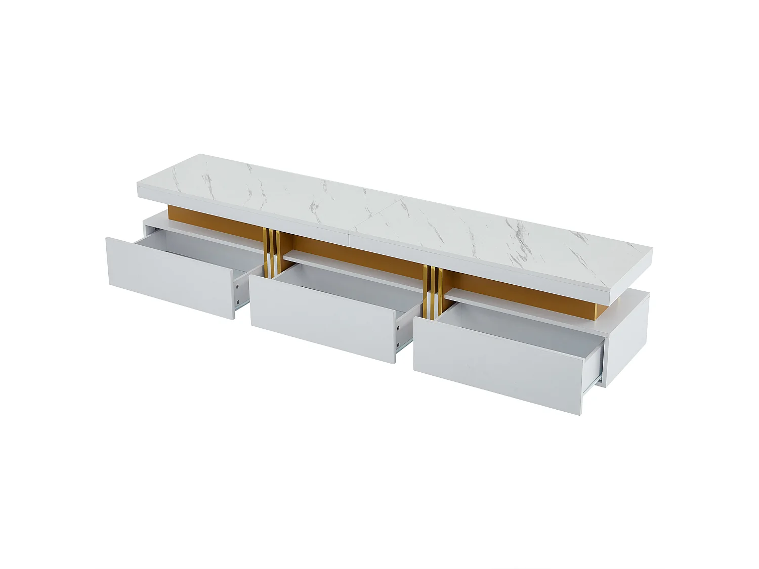 Szafka RTV biała 200x40x42 cm z blatem imitującym marmur, 3 szufladami i przepustem, max obciążenie 30 kg