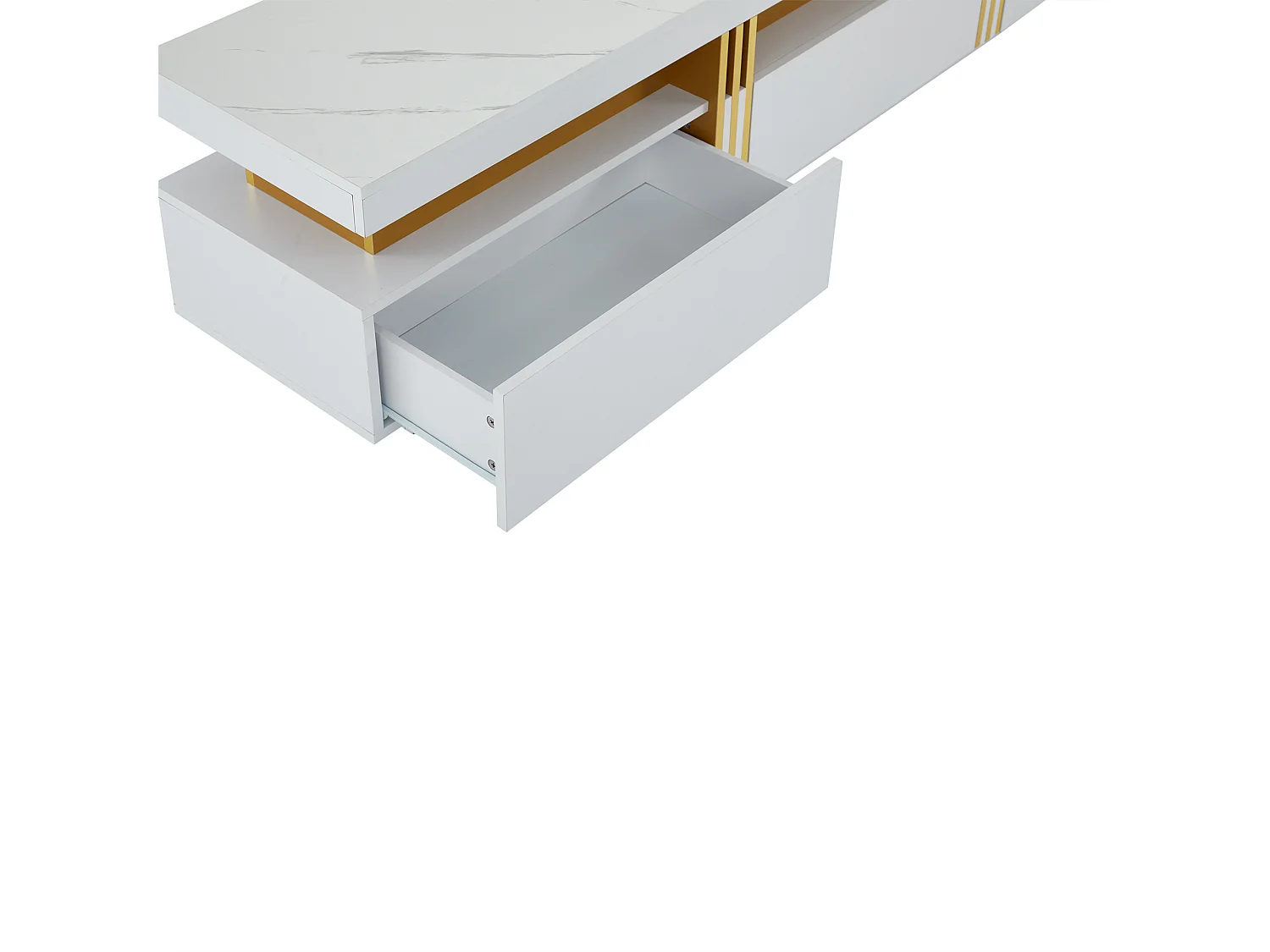 Szafka RTV biała 200x40x42 cm z blatem imitującym marmur, 3 szufladami i przepustem, max obciążenie 30 kg