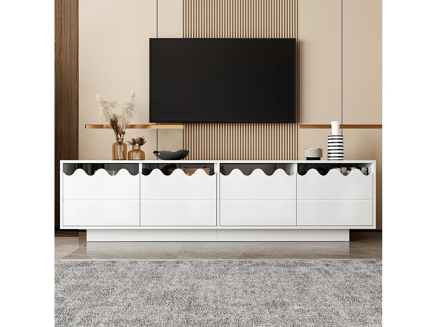 Szafka RTV biała 170x40x45 cm z 4 drzwiami, falowanym designem i półkami ze szkła hartowanego