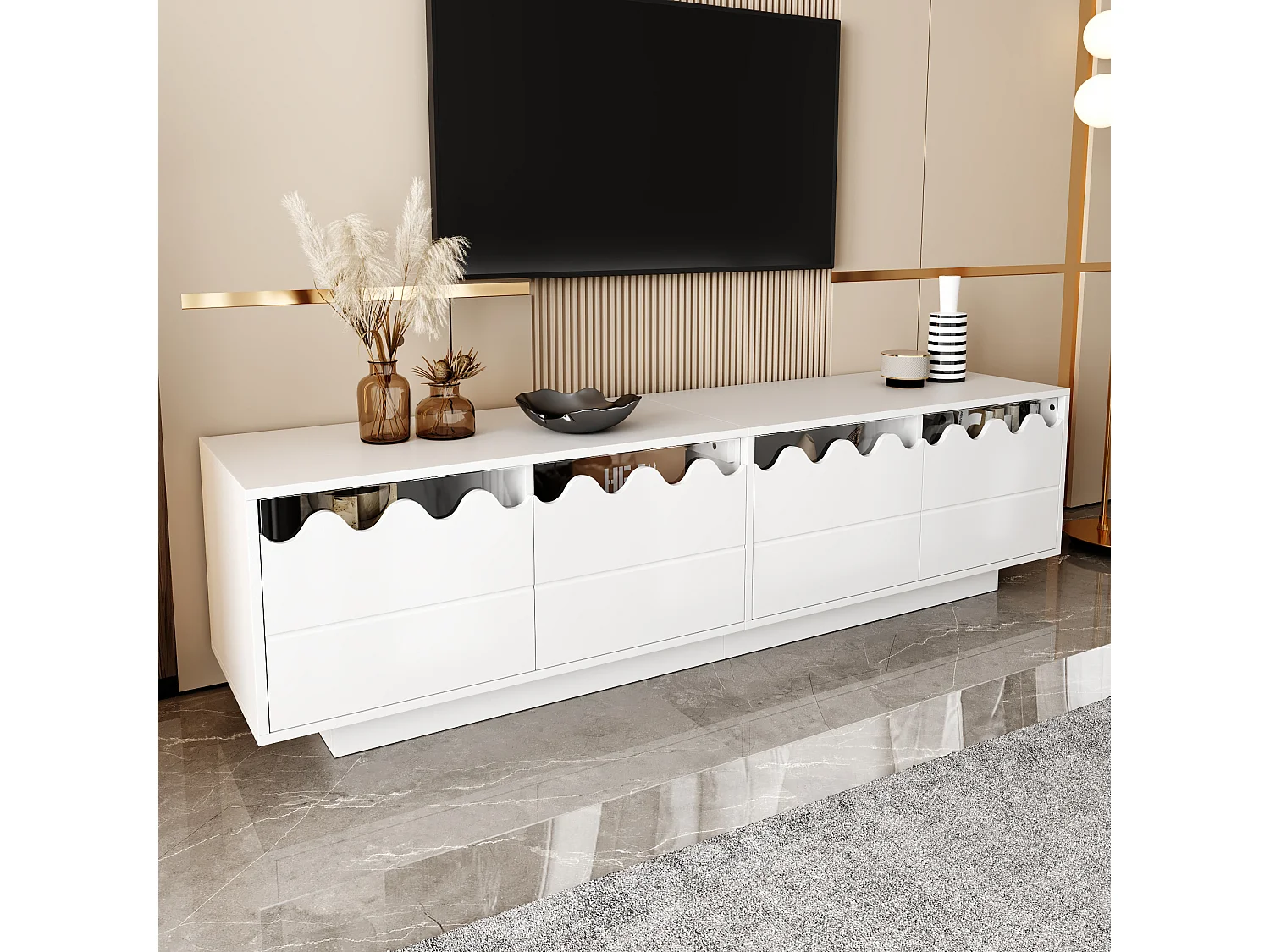 Szafka RTV biała 170x40x45 cm z 4 drzwiami, falowanym designem i półkami ze szkła hartowanego