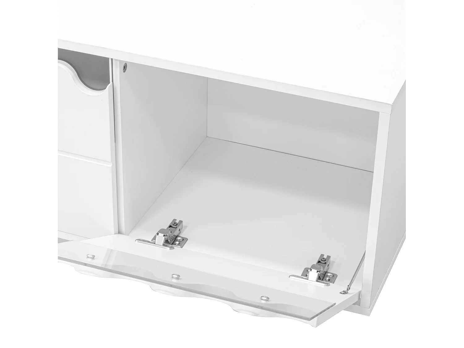 Szafka RTV biała 170x40x45 cm z 4 drzwiami, falowanym designem i półkami ze szkła hartowanego