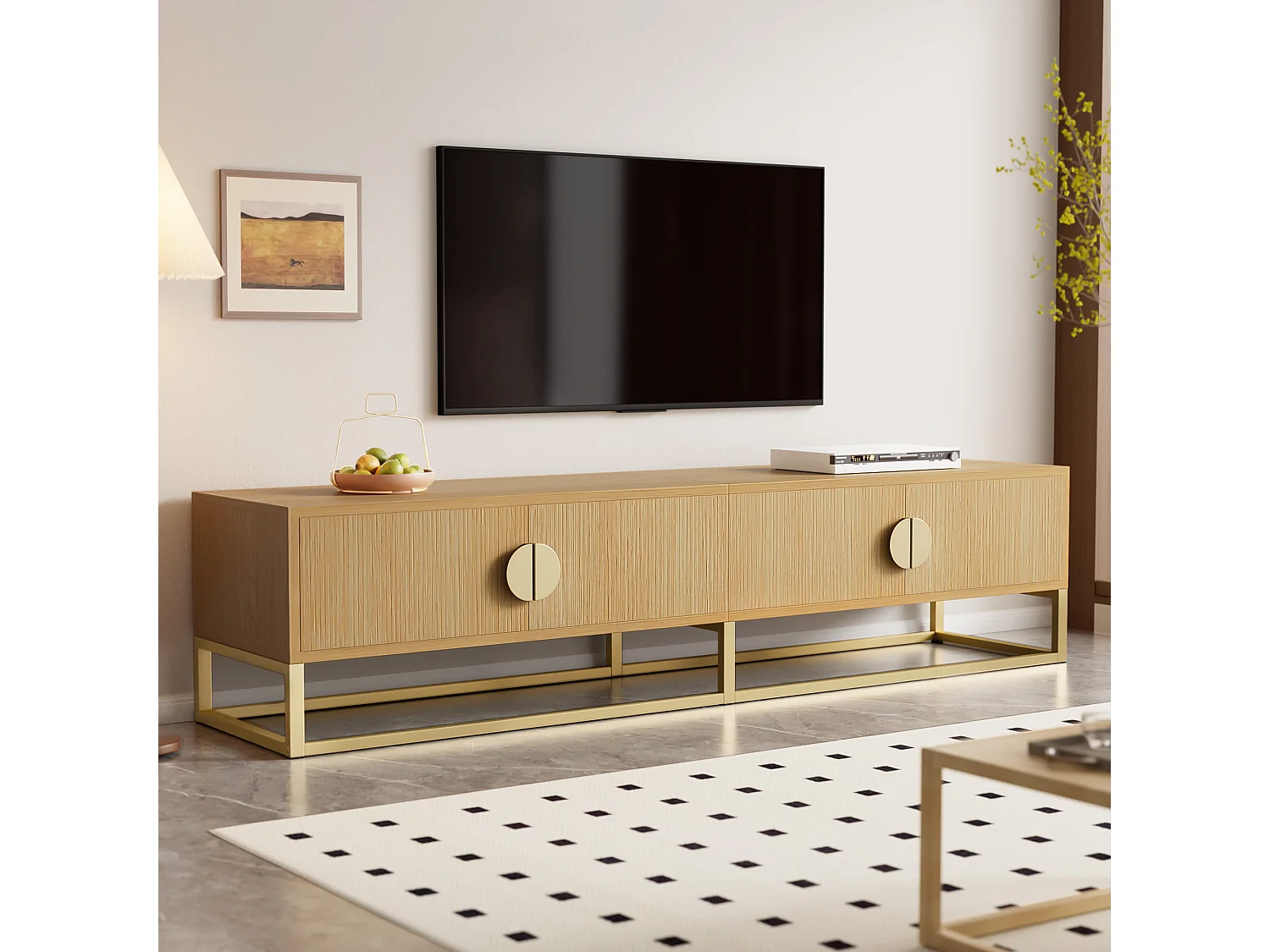 Houtkleur tv-meubel 180x40x40 cm met 4 deuren, halfronde handgrepen en soft-close scharnieren