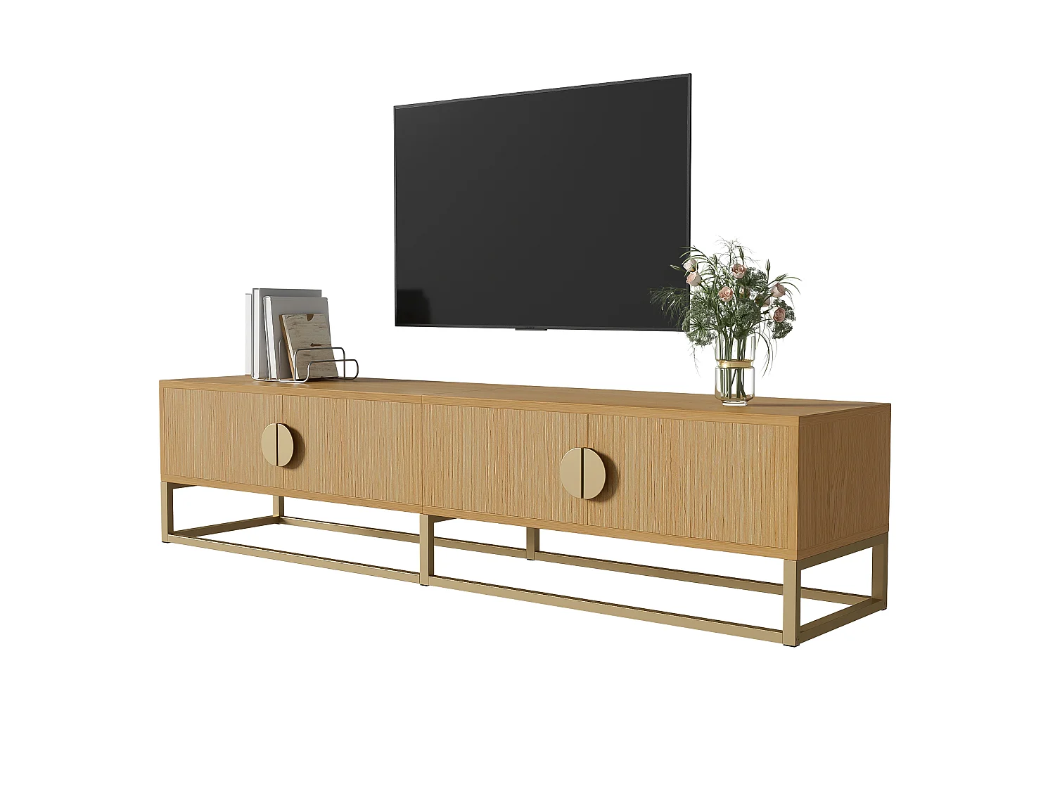 Houtkleur tv-meubel 180x40x40 cm met 4 deuren, halfronde handgrepen en soft-close scharnieren