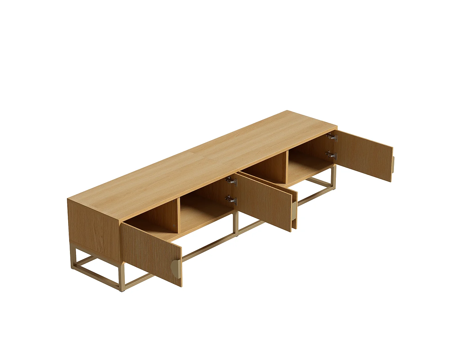 Houtkleur tv-meubel 180x40x40 cm met 4 deuren, halfronde handgrepen en soft-close scharnieren