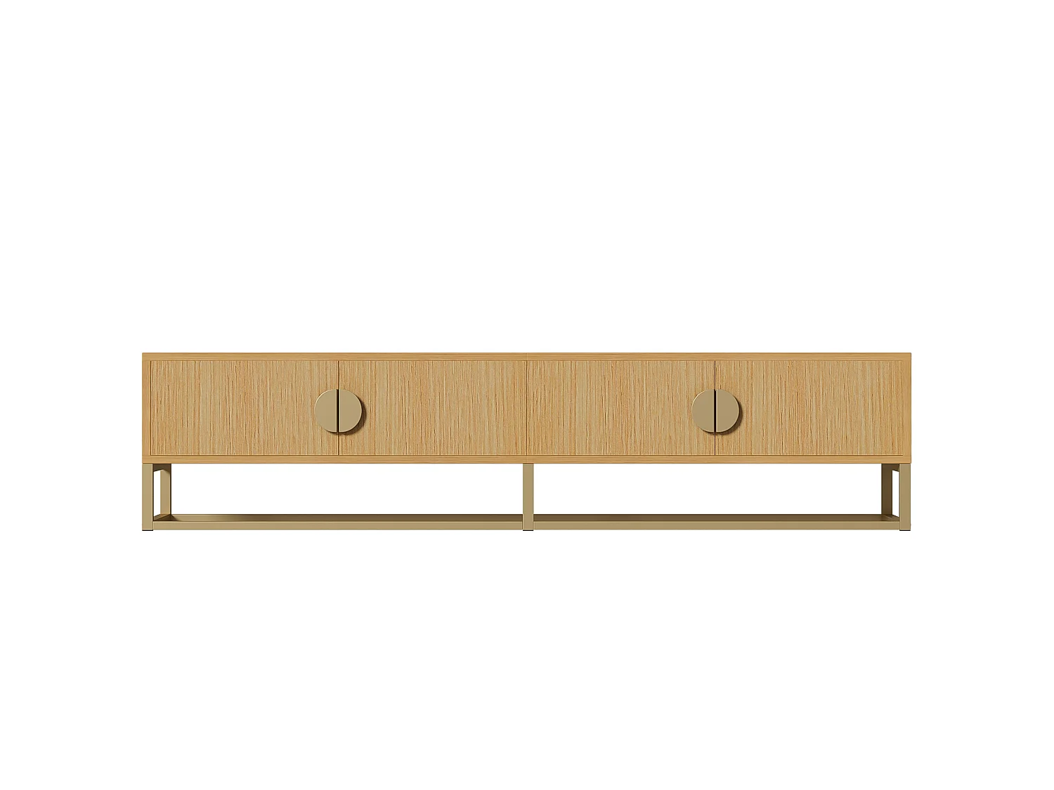 Houtkleur tv-meubel 180x40x40 cm met 4 deuren, halfronde handgrepen en soft-close scharnieren