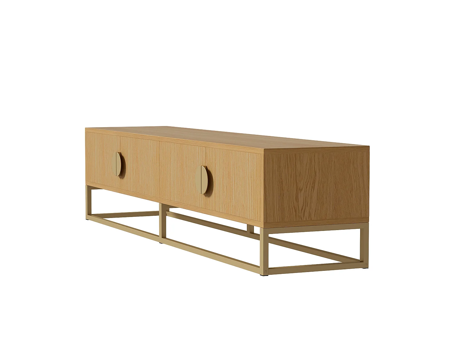 Houtkleur tv-meubel 180x40x40 cm met 4 deuren, halfronde handgrepen en soft-close scharnieren