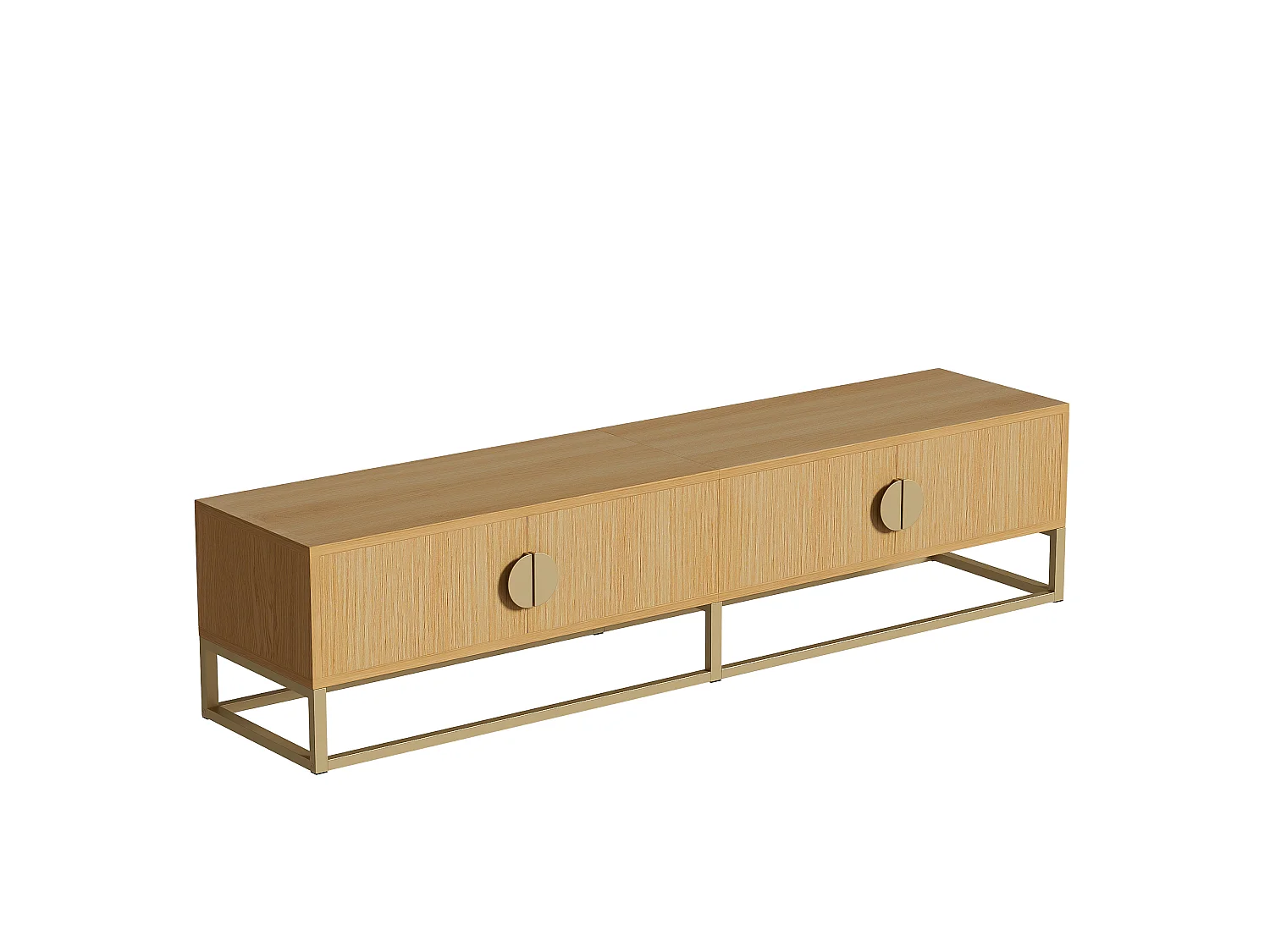 Houtkleur tv-meubel 180x40x40 cm met 4 deuren, halfronde handgrepen en soft-close scharnieren